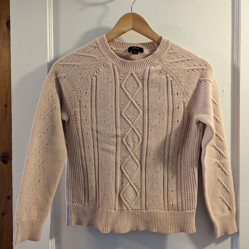 J Crew Crewneck Cable Pointelle Cotton Sweater, Sunwashed Blush